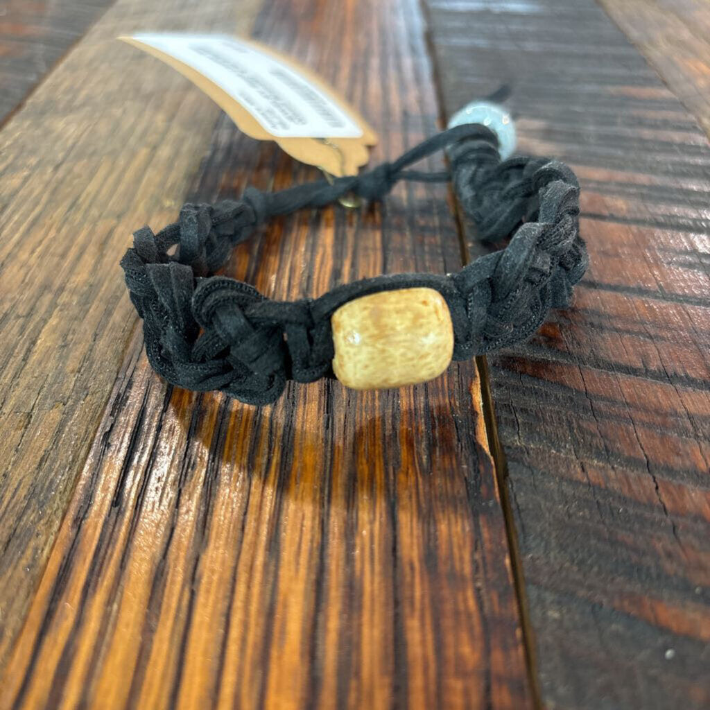 Black Leather Beige Wood Bracelet