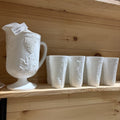 White milk glass pitcher with 8 glasses