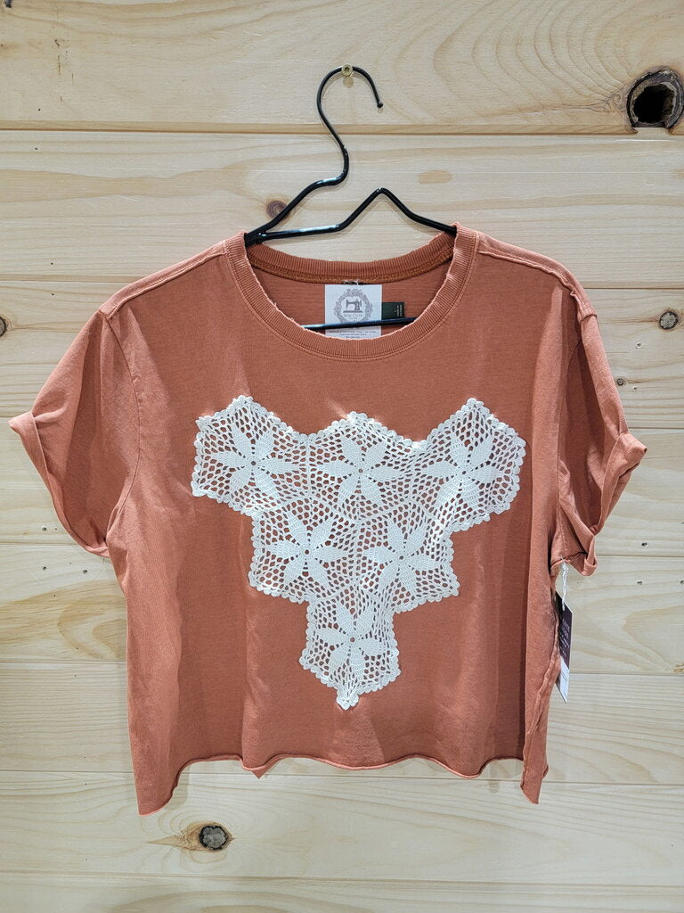 Large Cropped Burnt Orange Top with Vintage Doily