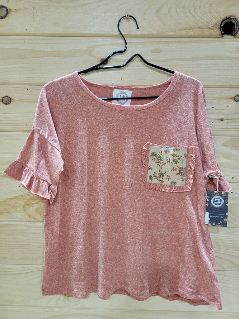 Medium Coral Top with Vintage Fabric on Pocket