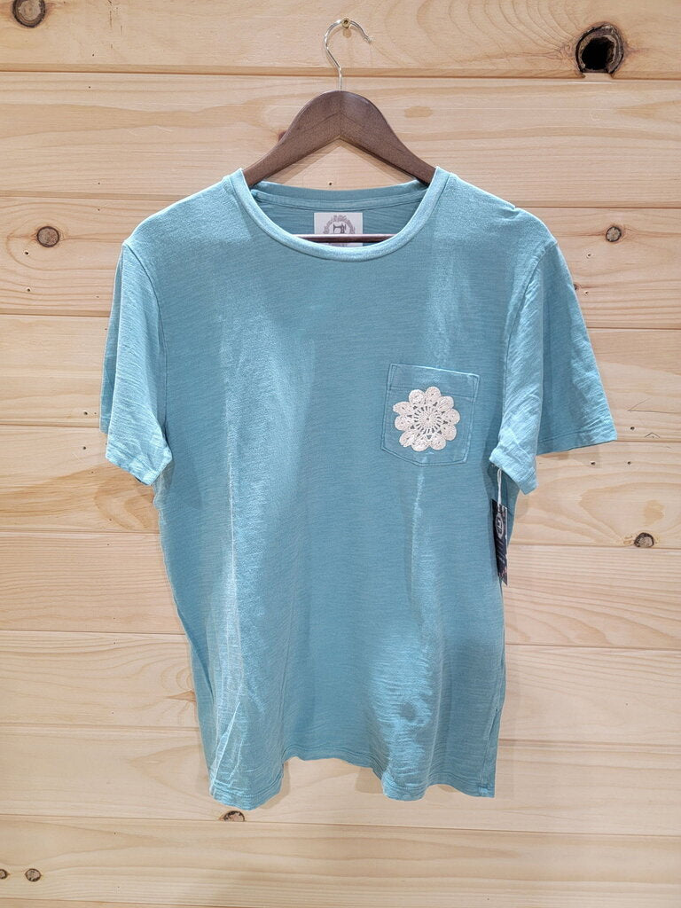 Medium Teal Top with Vintage Doily on Pocket
