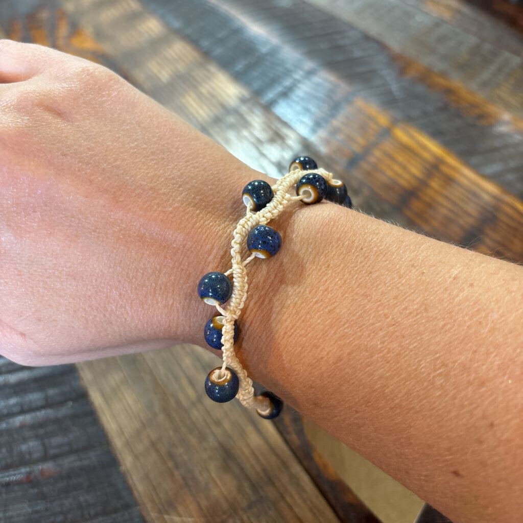 White Wax Hemp Porcelain Blue Bracelet