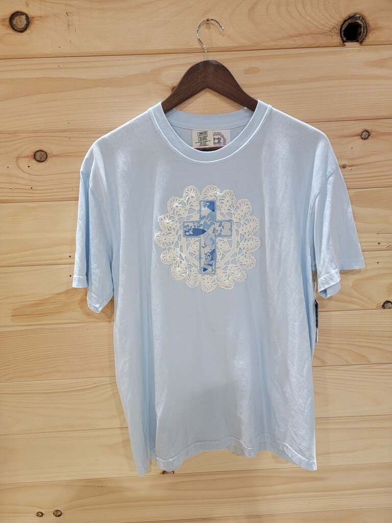 Lt Blue Vintage Doily Cross Large