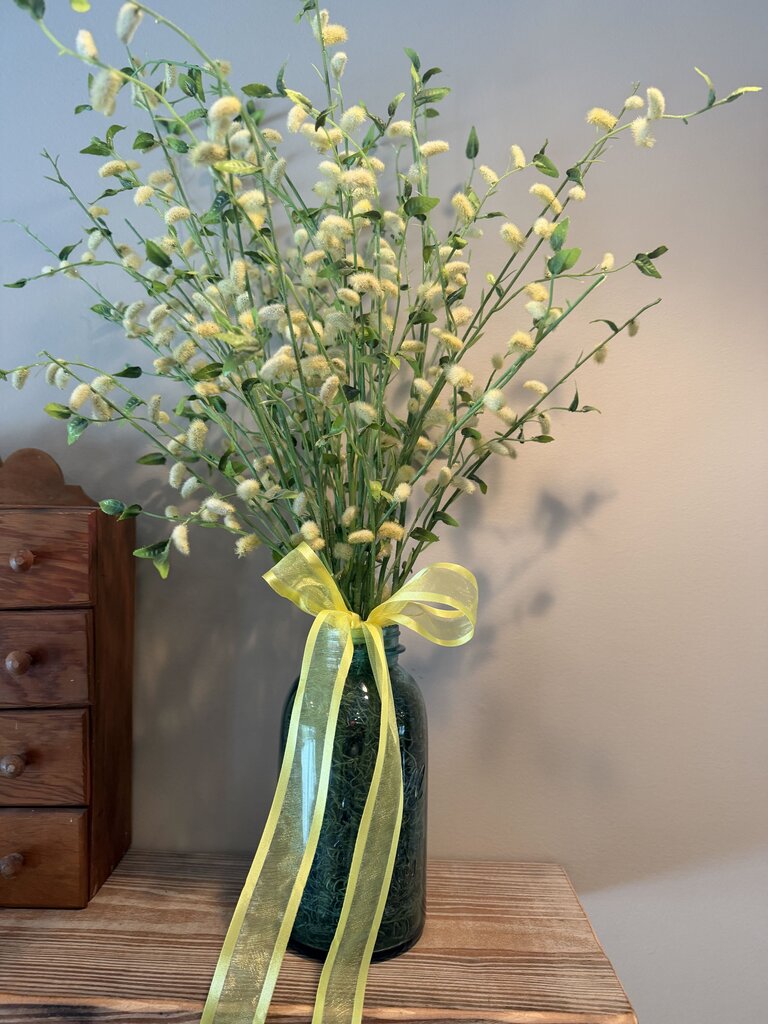 Large Floral Arrangement in Blue Ball Mason Jar yellow ribbon