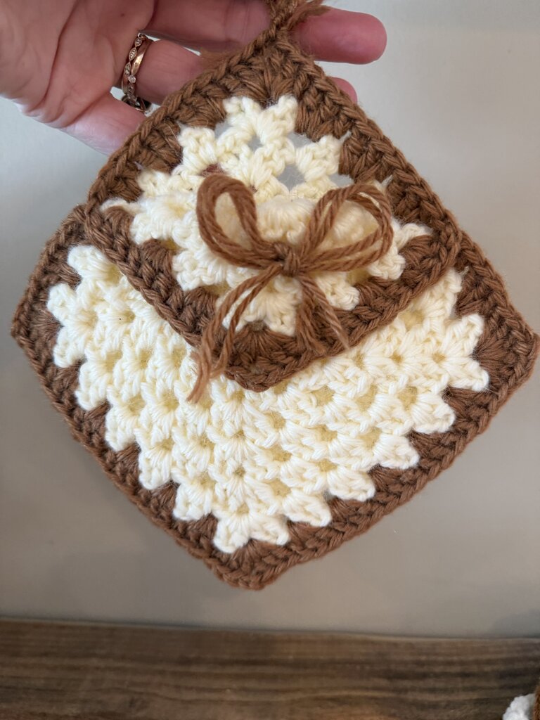 Crocheted Granny Square w/pocket potholder-brown