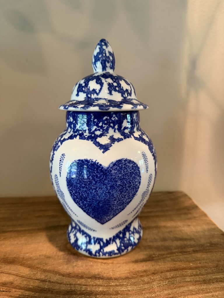 Blue White Heart Jar w/Lid