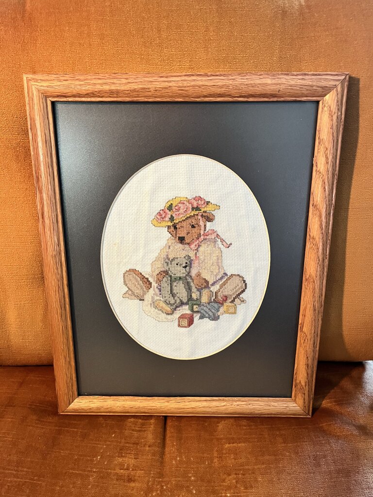 Wood Framed Needlepoint Nursery Teddy Picture