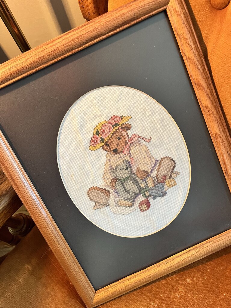 Wood Framed Needlepoint Nursery Teddy Picture