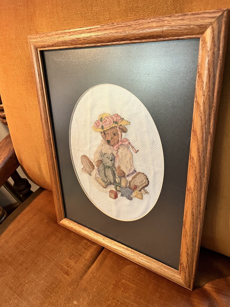 Wood Framed Needlepoint Nursery Teddy Picture