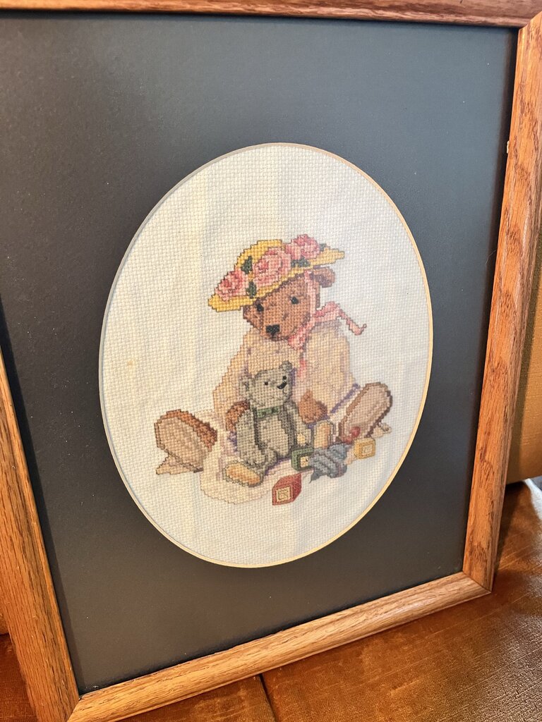 Wood Framed Needlepoint Nursery Teddy Picture