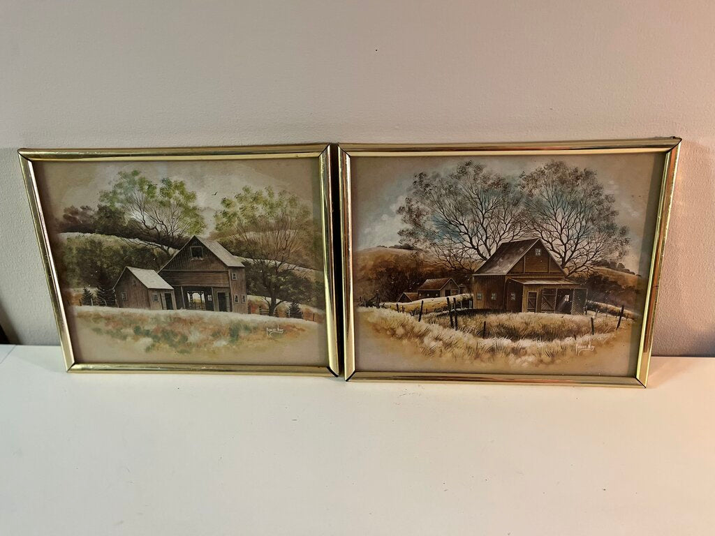 1978 Rural Art by Robert Nidy in Gold Frames Set of 2
