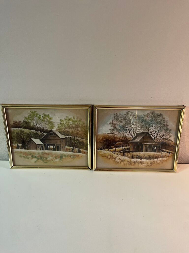 1978 Rural Art by Robert Nidy in Gold Frames Set of 2