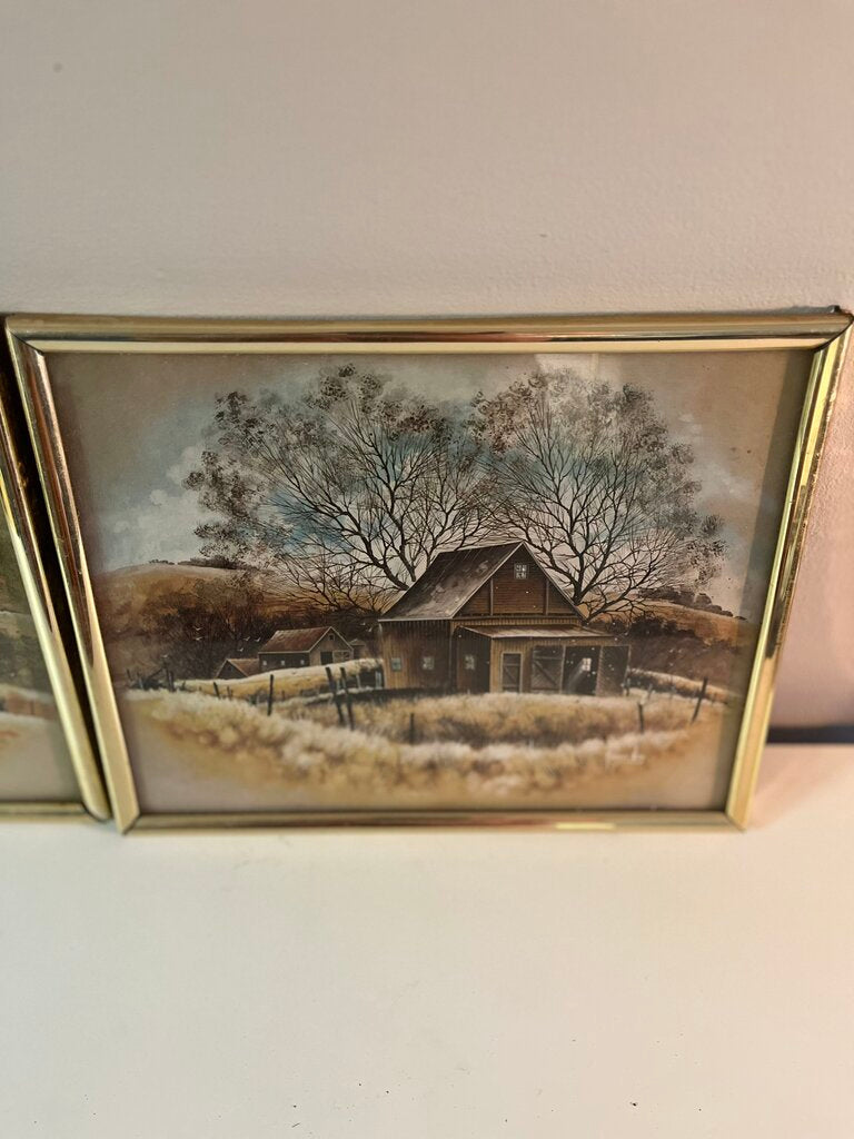 1978 Rural Art by Robert Nidy in Gold Frames Set of 2