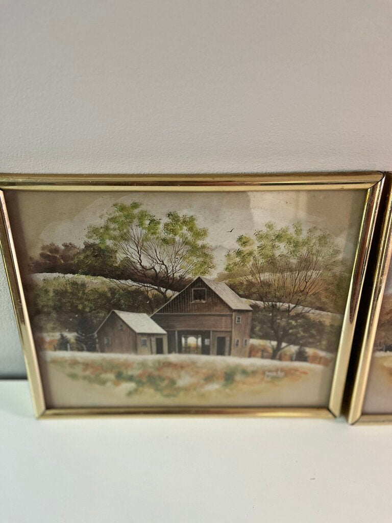 1978 Rural Art by Robert Nidy in Gold Frames Set of 2