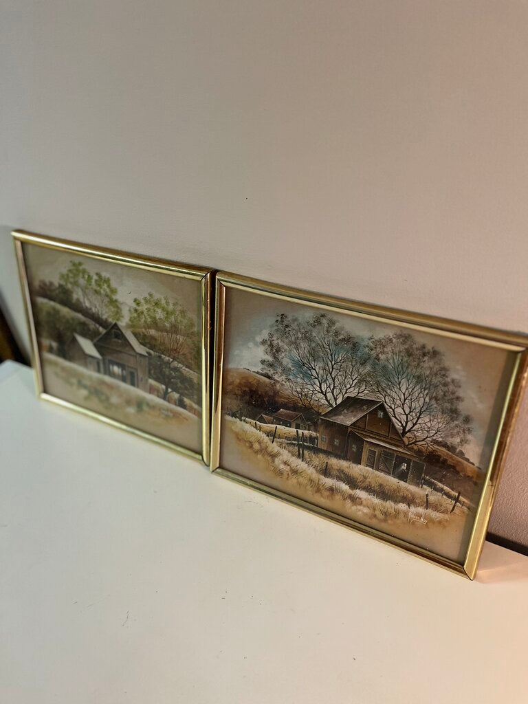 1978 Rural Art by Robert Nidy in Gold Frames Set of 2