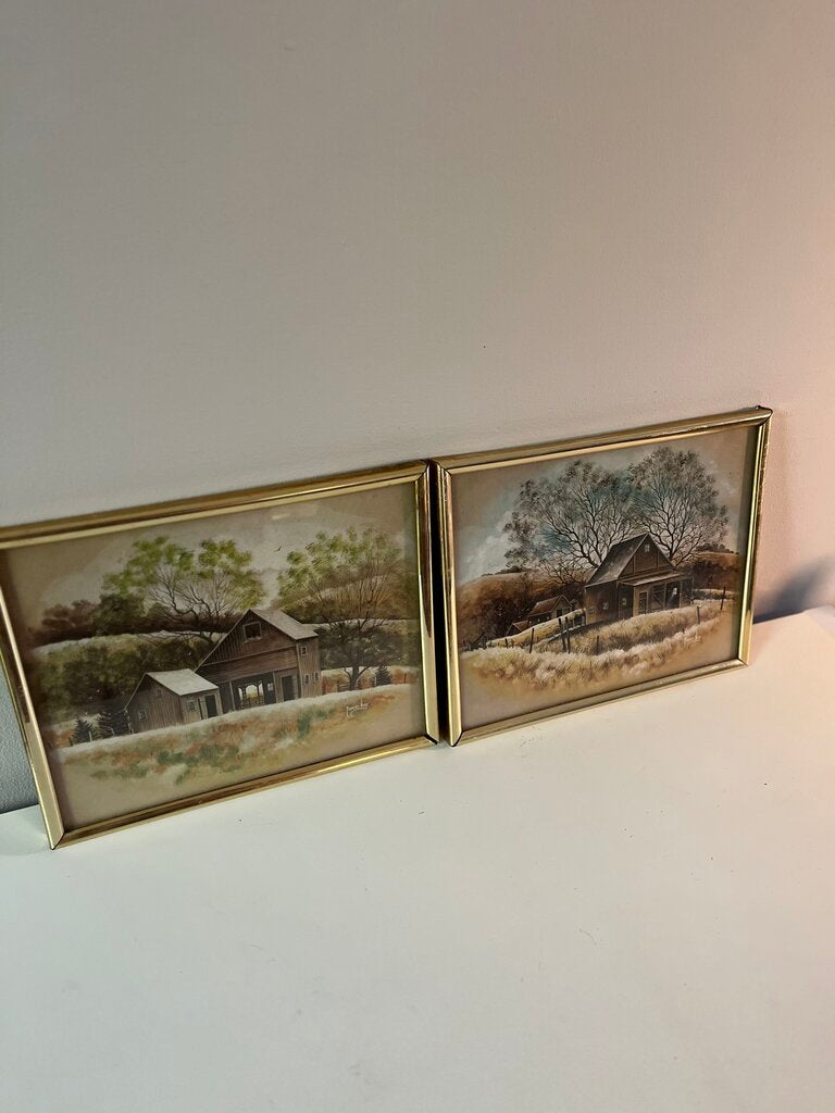 1978 Rural Art by Robert Nidy in Gold Frames Set of 2