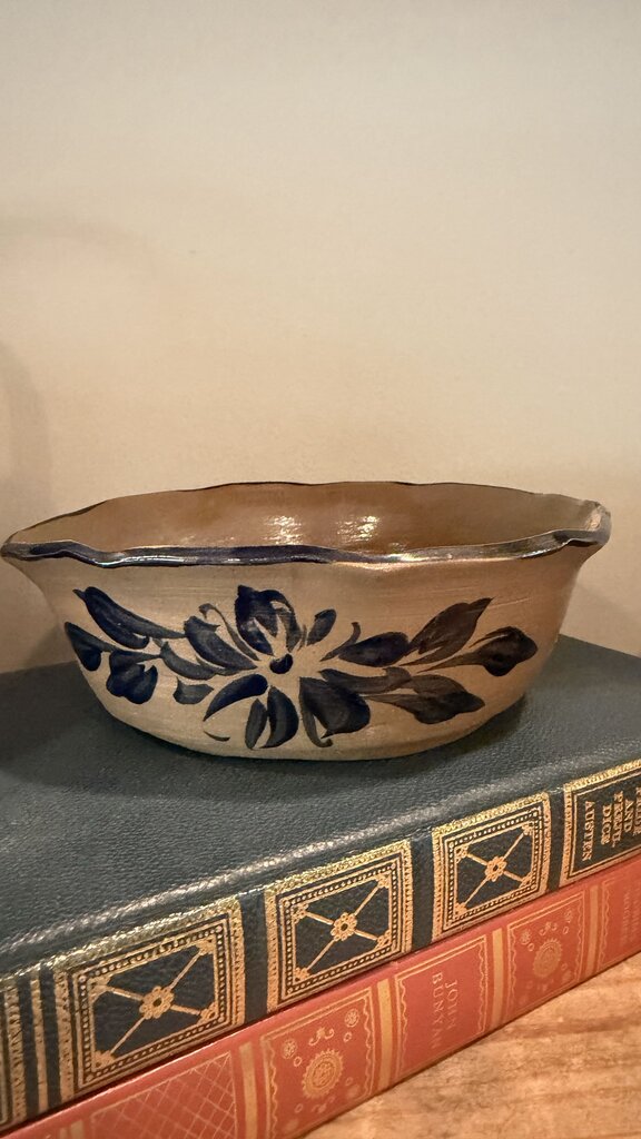 6" Shallow Pottery Bowl -Terracotta w/blue flowers