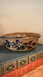 6" Shallow Pottery Bowl -Terracotta w/blue flowers