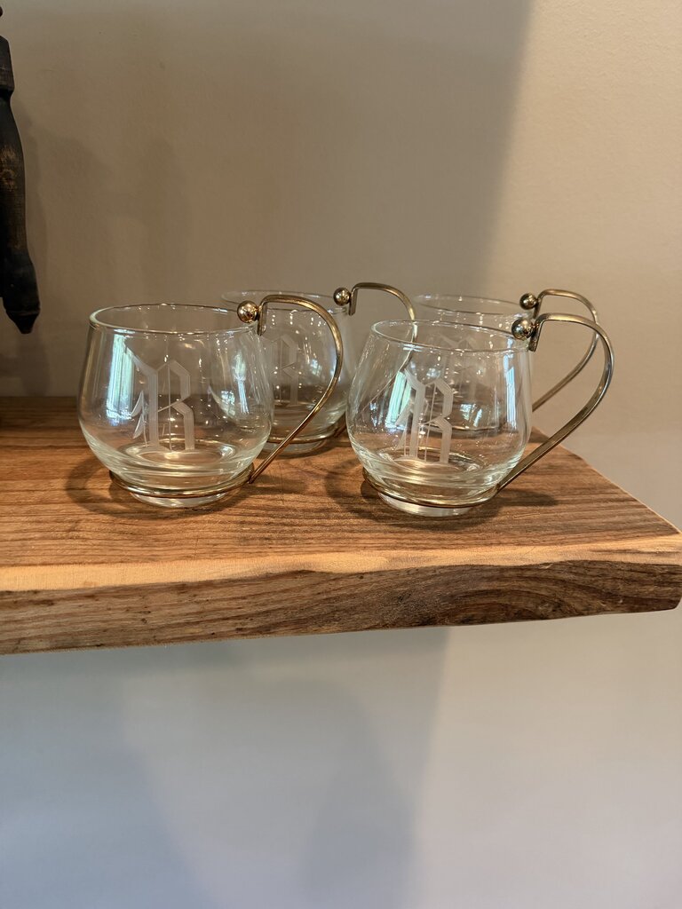 Set of 4 Monogrammed "R" Etched Barware Glasses w/metal handle